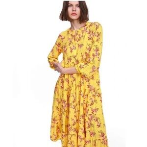 Zara yellow floral tiered midi dress